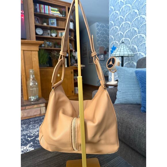 Faux Leather Tan D-Ring Middle Zip Hobo Bag - Picture 4 of 6